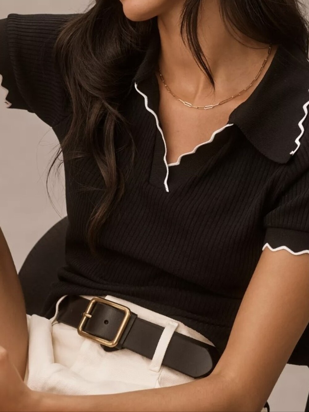 Anthropologie Maeve Large Black V Neck Ribbed Sweater with White Trim